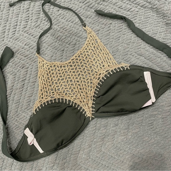 Crocheted Olive Green Halter Swimsuit Top - Picture 3 of 4